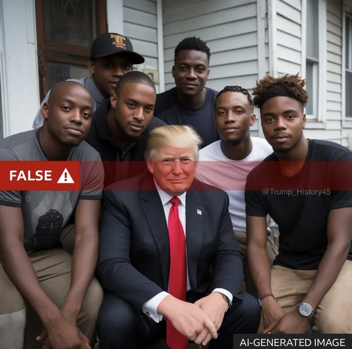 joncoopertweets's tweet photo. 🚨WARNING: This AI-generated image was widely viewed on social media with a caption falsely saying Trump had stopped his motorcade to pose with these men. This is just the tip of the iceberg — the Trump campaign will be using AI to spread their lying narratives. DON’T BE FOOLED! https://t.co/ii6IQAvD16