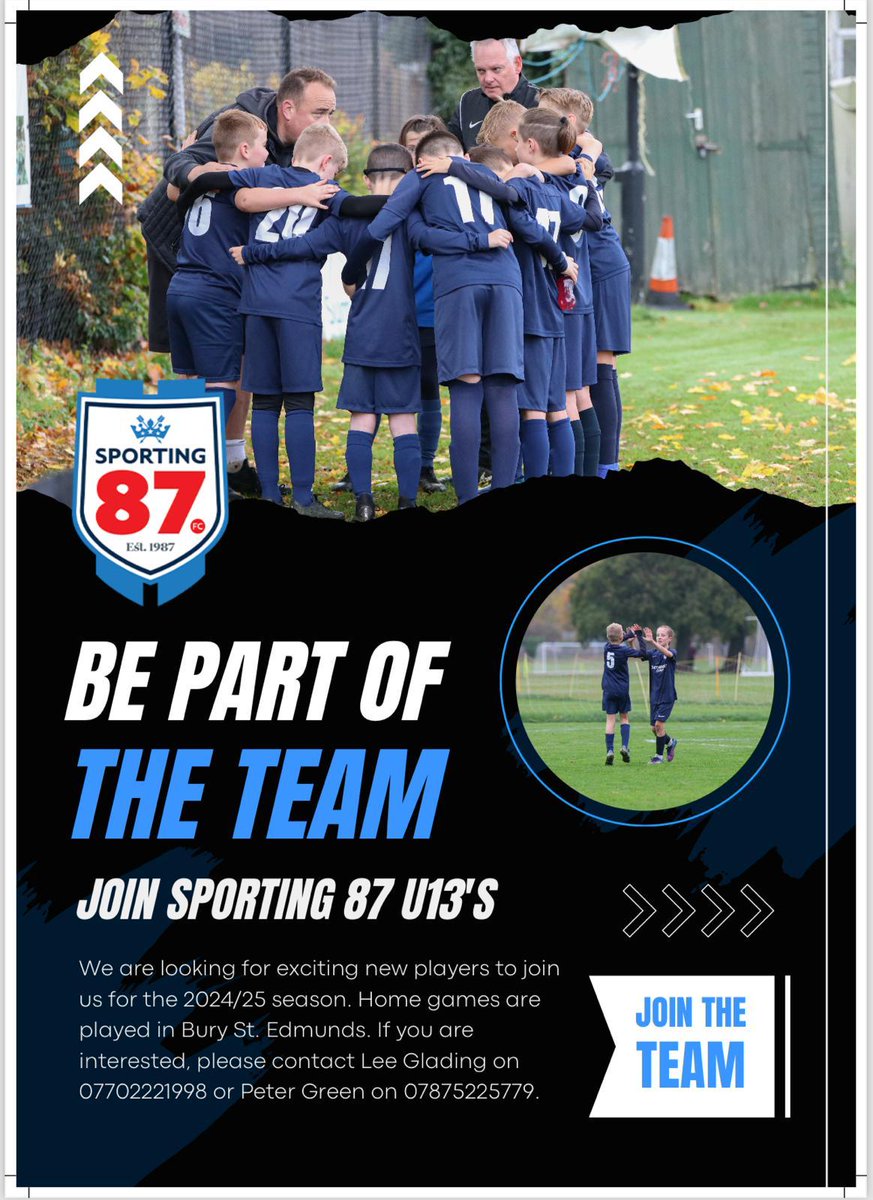 🔵⚽️PLAYERS REQUIRED🔵⚽️

Our talented &amp; aspirational U12 team(s) are on the lookout for players ahead of the 24/25 season (U13) as they transition from 9 v 9 to 11 v 11 

Further details please contact 

Lee Glading - 07702221998
Peter Green - 07875225779

<a href="/SuffolkFA/">Suffolk Football Association</a>