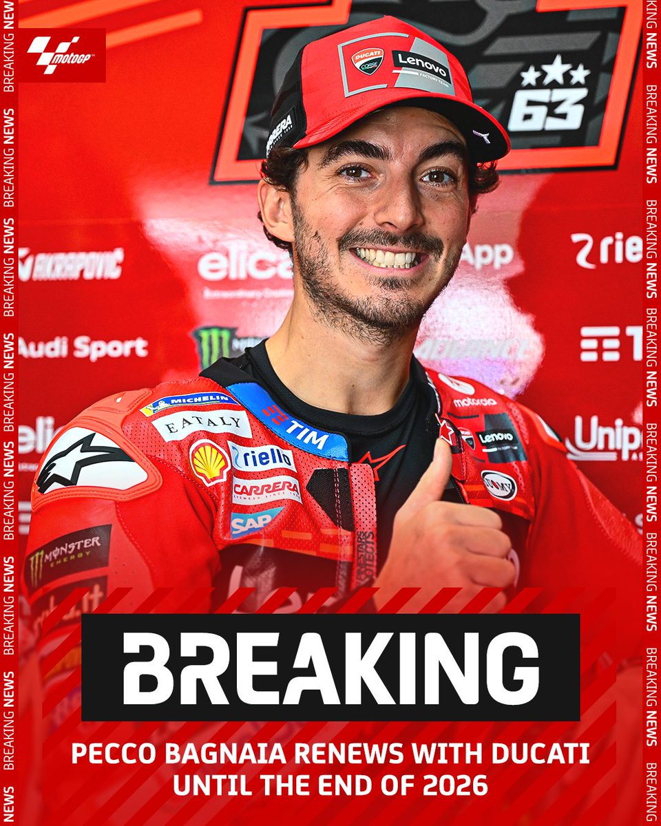 MotoGP's tweet photo. 🚨 RENEWAL ALERT 🚨

@PeccoBagnaia secures his future within @ducaticorse until the end of 2026! 🤝

#MotoGP https://t.co/DnsKAnSu1C