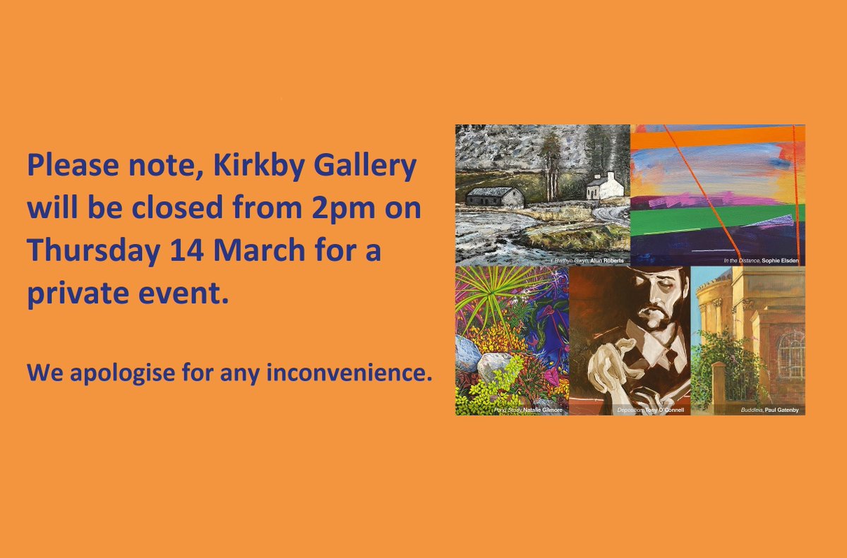 Please note, Kirkby Gallery will be closed from 2pm on Thursday 14 March for a private event. We apologise for any inconvenience. Our normal opening hours will resume on Friday 15 March: Monday to Friday, 10am to 5pm (last entry 4.30pm) & Saturday 10am to 1pm (last entry 12.30pm)