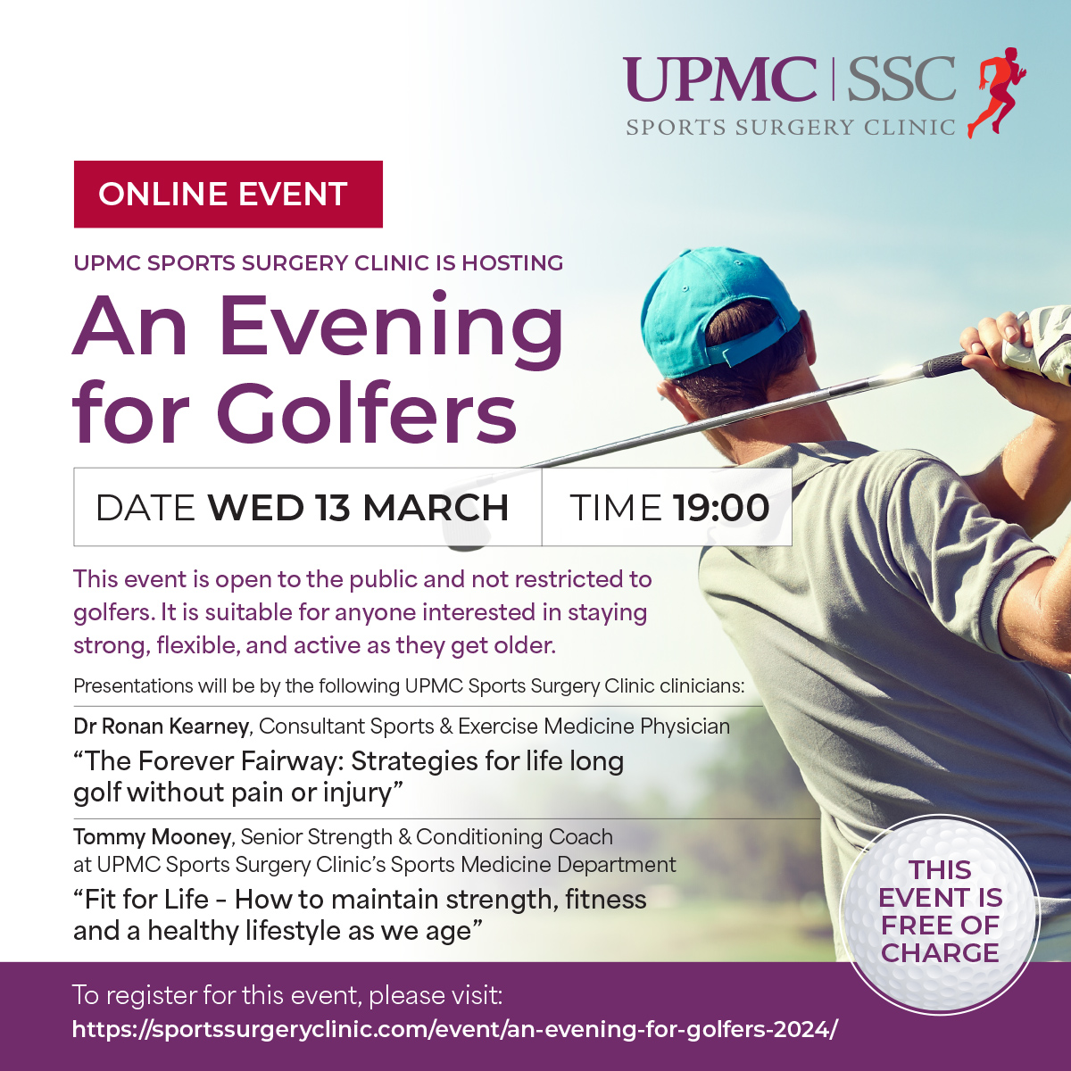 Join us on March 13th online at 'An Evening for Golfers'. This event is open to the public and not restricted to golfers. It is suitable for anyone interested in staying strong, flexible, and active as they get older. Register here: go.upmc.com/1966LIHC6