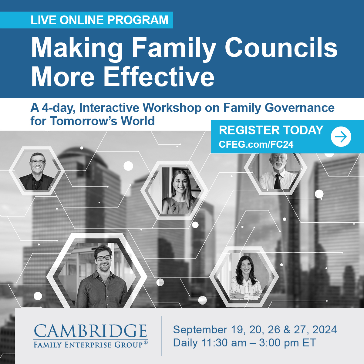 Join Family Council leaders and members from around the world for a dynamic exchange of family governance strategies that work for mature, complex family enterprises. This live, online, 4-day program is taught at an advanced level lnkd.in/eppehc_b