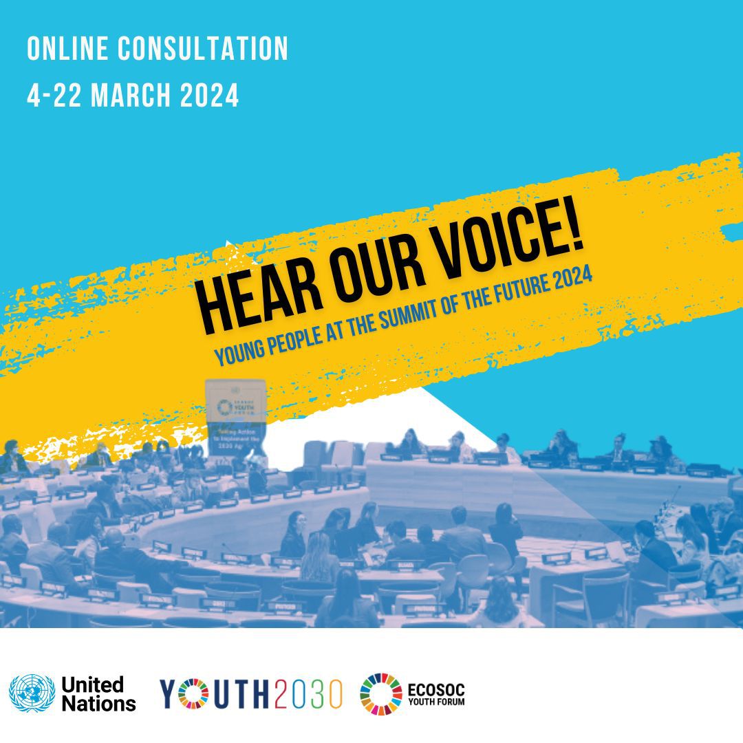 Just launched!🚀Join the 3-week online 𝐇𝐞𝐚𝐫 𝐨𝐮𝐫 𝐕𝐨𝐢𝐜𝐞! consultation from March 4-22 in the lead-up to the @UNECOSOC Youth Forum and the Summit of the Future: sparkblue.org/hear-our-voice

#Youth2030 #EYF2024