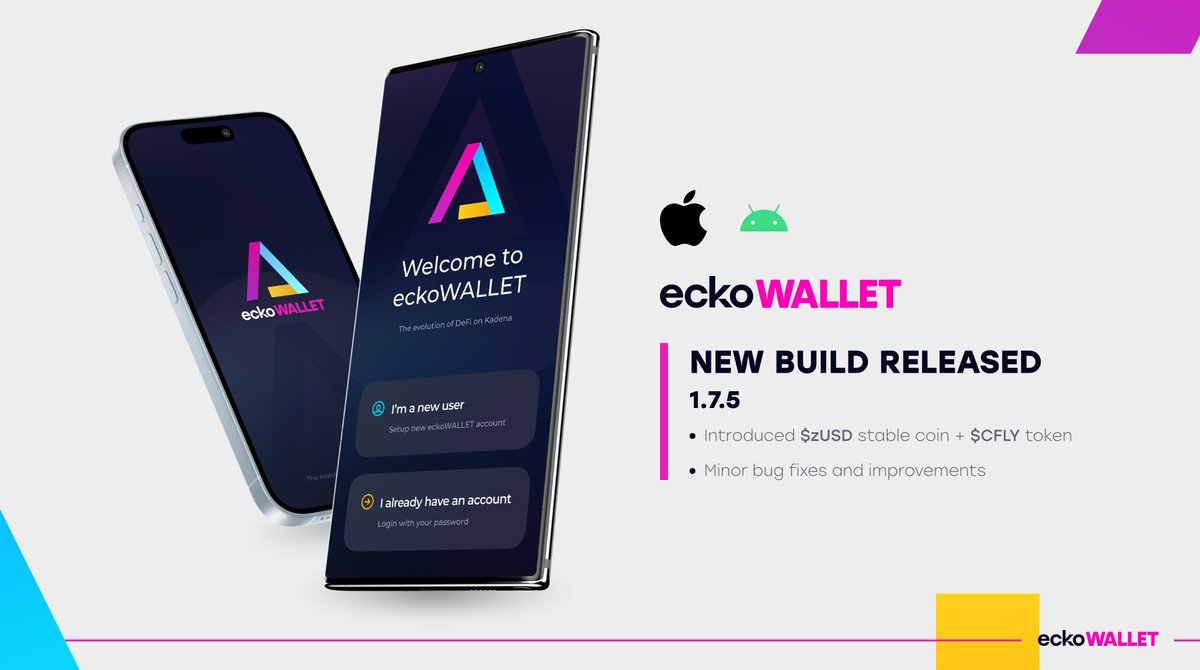 Introducing eckoWALLET iOS & Android v1.7.5 - Available Now! 🎉 Exciting updates! 🚀 - Presenting the sleek new @kadena_io logo. - Welcoming $zUSD stablecoin & $CFLY token. - Enhanced bug fixes for smoother usage. Join the #KadenaEco revolution today! $KDX $KDA