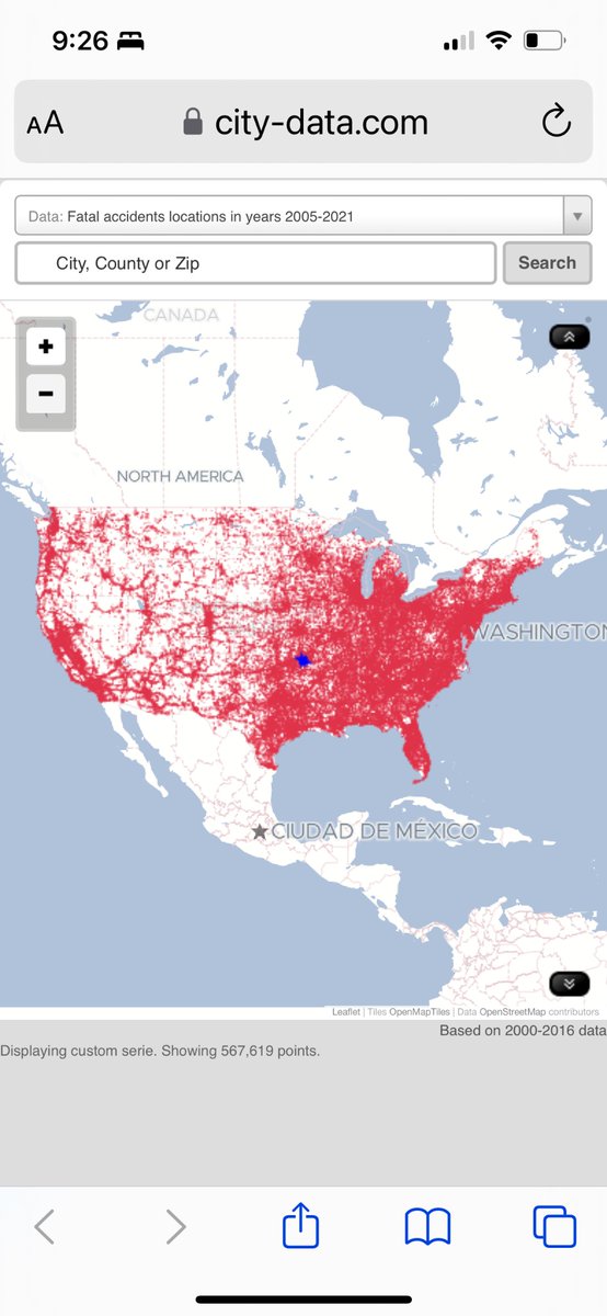 psomdecerff's tweet photo. Gee, it looks kinda bad when you depict it like that. 

Just a red dot for every car death for 15 years. https://t.co/s2u10hg72L