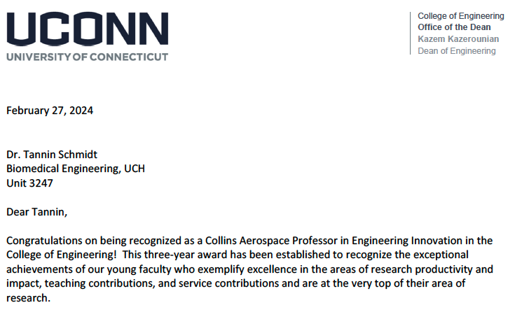 Excited to share I’ve been named a Collins Aerospace Professor in Engineering Innovation in the College of Engineering at #UConn! Grateful to the College of Engineering, and School of Dental Medicine. More motivated than ever to continue to innovate on all things #PRG4 #lubricin.