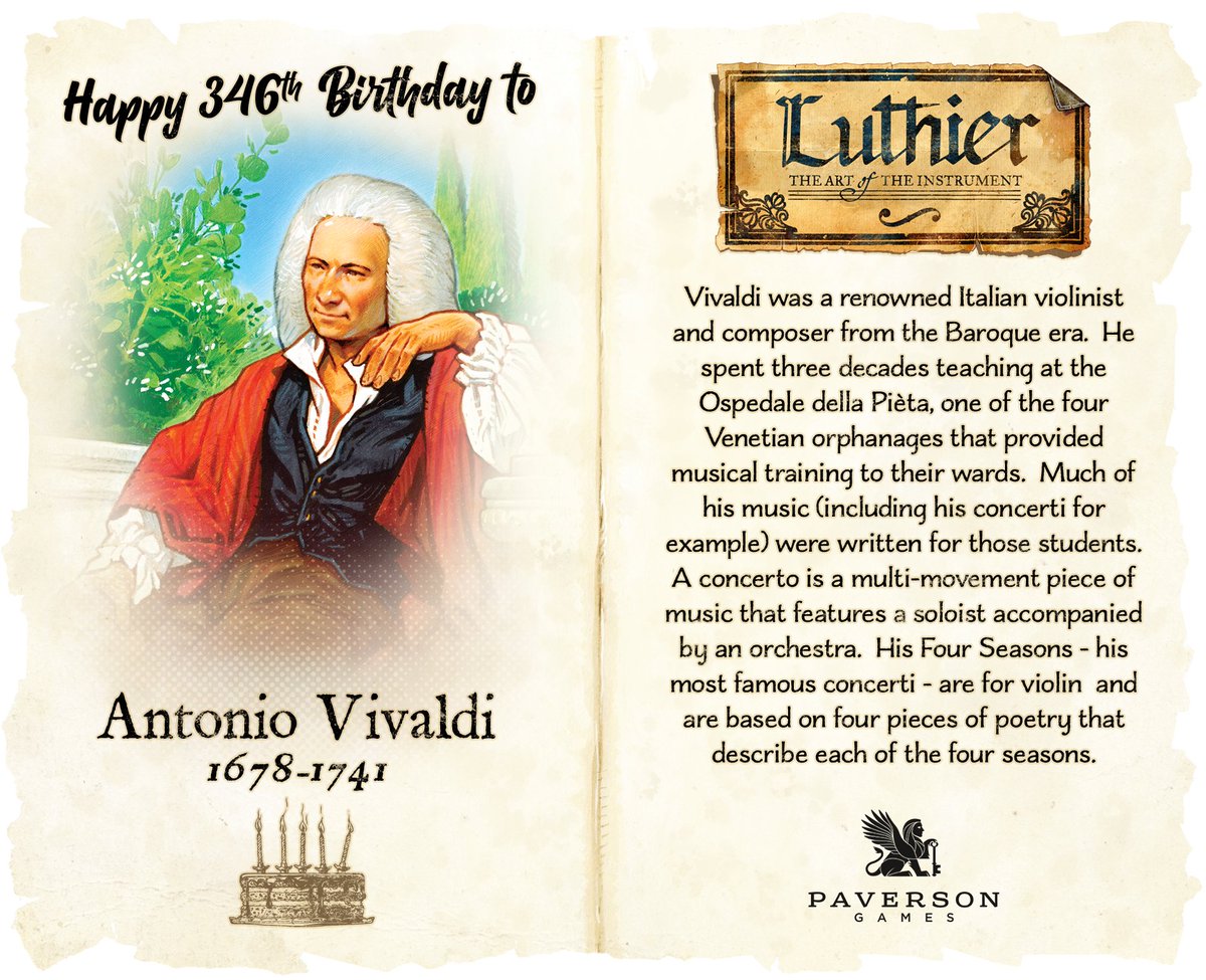 #HappyBirthday to Antonio #Vivaldi, who would have turned 346 today! 🎶🎂 we're celebrating historical figures in #classicalmusic for our board game, #Luthier, coming to #Kickstarter in 2024! 🥳🎻🎲 #fourseasons #kickstarter #violin #orchestra #composer #baroque #music