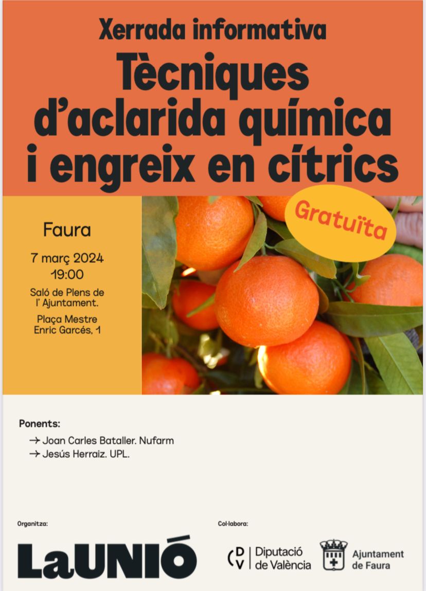 Ajuntament de Faura (@ajtfaura) on Twitter photo 🍊 El pròxim dijous, dia 7, La <a href="/UnioLlauradora/">La Unió Llauradora i Ramadera</a>  i Ramadera oferirà una xarrada informativa sobre "Tècniques d’aclarida química i engreix de cítrics" al Saló de Plens.
🕖 A les 19 hores. 🍊 El pròxim dijous, dia 7, La <a href="/UnioLlauradora/">La Unió Llauradora i Ramadera</a>  i Ramadera oferirà una xarrada informativa sobre "Tècniques d’aclarida química i engreix de cítrics" al Saló de Plens.
🕖 A les 19 hores.