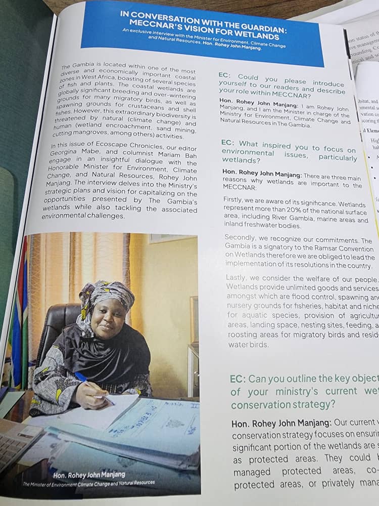 Have you seen our interview with the Hon. Minister @Meccnar_Gambia in the third issue of Ecoscape Chronicles?
Subscribe to read the full interview and other insightful articles @ ecoscapesubscription@gmail.com.
#UNEP
#GEF
#Gambia 
#biodiversity
#conservation