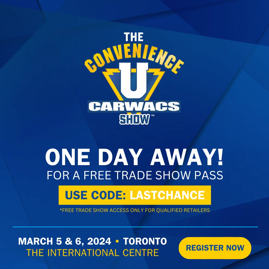 #ConvenienceUCARWACS2024 is one day away! Last chance to register for a free trade show pass. Use code: LASTCHANCE

Register Now! 🌟ow.ly/UnrC50QKyCB

#ConvenienceU #carwash