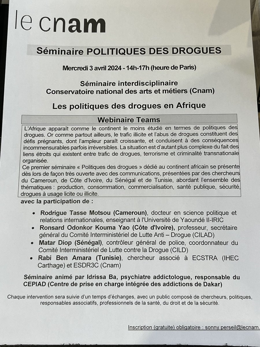 Formation ouverte à tous
N’hésitez pas 
Disponible pour des informations si besoin #politique #drogues #CNAM #Afrique <a href="/LeCnam/">Le Cnam</a>
