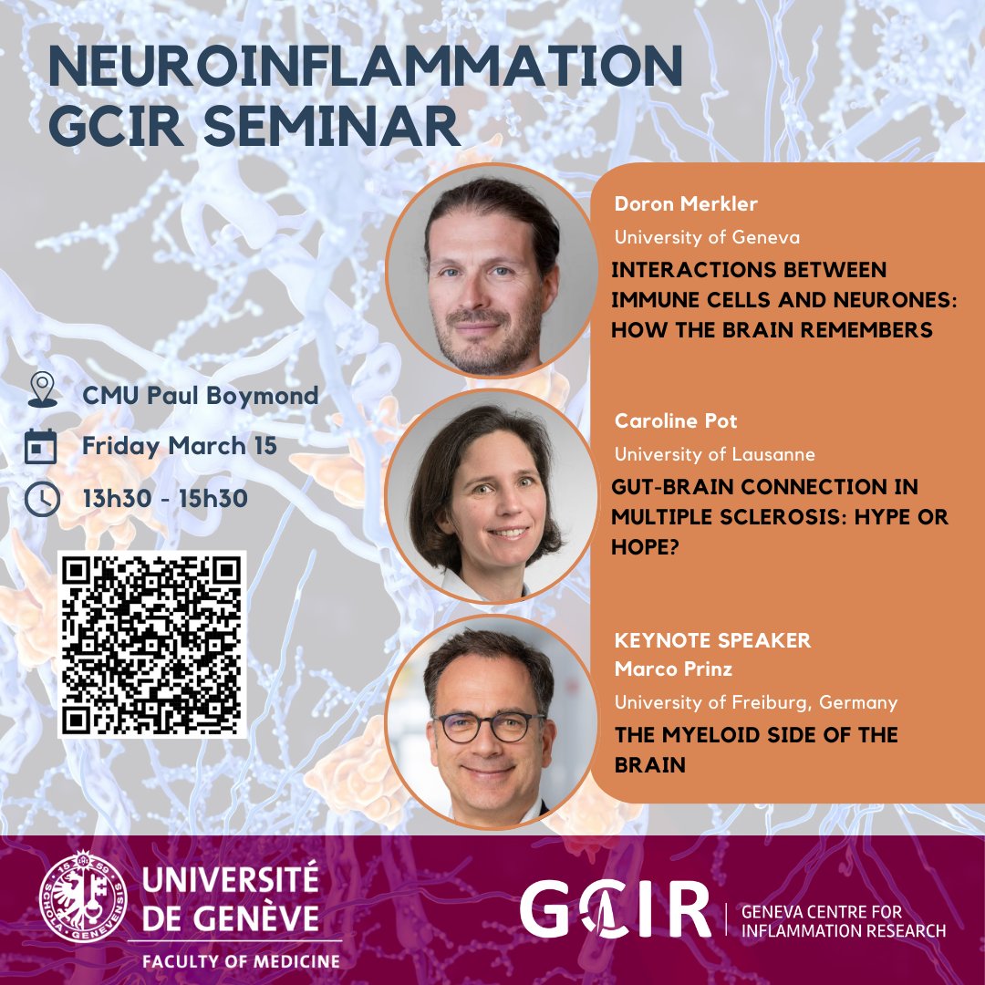 Geneva Centre for Inflammation Research (@gcir_unige) on Twitter photo 📢Friday 15 March from 13h30-15h30, Profs Doron Merkler <a href="/GCIR_Unige/">Geneva Centre for Inflammation Research</a>, Caroline Pot <a href="/unil/">Université de Lausanne</a>, & Marco Prinz <a href="/UniFreiburg/">Universität Freiburg</a> will present their work on the interactions between the #ImmuneSystem & the #brain! #BrainAwarenessWeek #MultipleSclerosis #Neuroinflammation
CMU Boymond Auditorium 📢Friday 15 March from 13h30-15h30, Profs Doron Merkler <a href="/GCIR_Unige/">Geneva Centre for Inflammation Research</a>, Caroline Pot <a href="/unil/">Université de Lausanne</a>, & Marco Prinz <a href="/UniFreiburg/">Universität Freiburg</a> will present their work on the interactions between the #ImmuneSystem & the #brain! #BrainAwarenessWeek #MultipleSclerosis #Neuroinflammation
CMU Boymond Auditorium