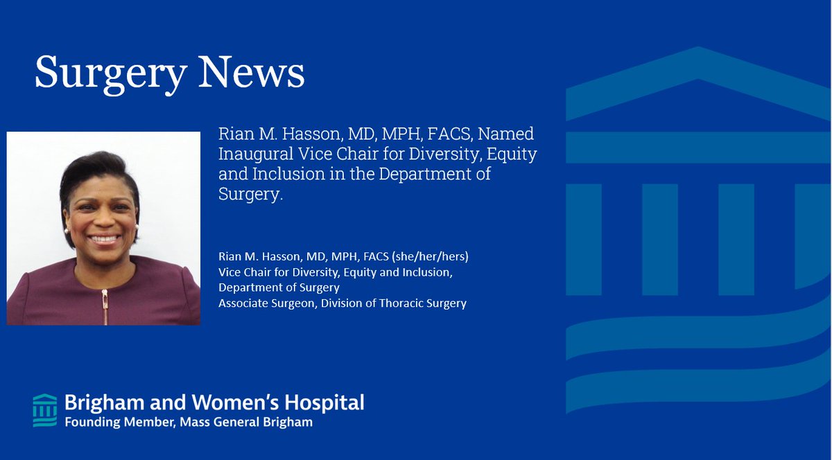 Brigham and Women’s Department of Surgery (@brighamsurgery) on Twitter photo Please join us in welcoming <a href="/DrRianCharles/">Rian M. Hasson Charles, MD, MPH, FACS (She/Her)</a> as our inaugural Vice Chair for Diversity, Equity and Inclusion in the Department of Surgery!
brighamsurgerynews.com/rian-m-hasson-… Please join us in welcoming <a href="/DrRianCharles/">Rian M. Hasson Charles, MD, MPH, FACS (She/Her)</a> as our inaugural Vice Chair for Diversity, Equity and Inclusion in the Department of Surgery!
brighamsurgerynews.com/rian-m-hasson-…