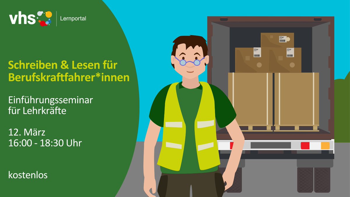 🚚Wir stellen unser neues Lese- u. Schreibtraining für Berufskraftfahrer vor: Fachwortschatz üben, Fahrtenbuch, Frachtpapiere, Schadenbericht ausfüllen. Für d. Unterricht in #Daz u. #Grundbildung.
🗓️12. März, 16.00-18.30
Anmeldung: vhs-lernportal.de/4030450.php