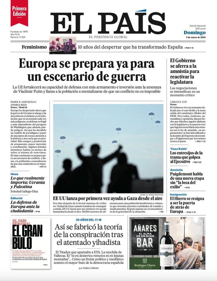 No suelo leer @elpais pero me llega esta portada. Yo no me preparo para la guerra, sino para evitarla. Muchas llamamos seguridad a atajar la crisis ecosocial, a acabar con el genocidio en Gaza, a que la gente que trabaja en el campo viva con dignidad... Para eso nos preparamos.