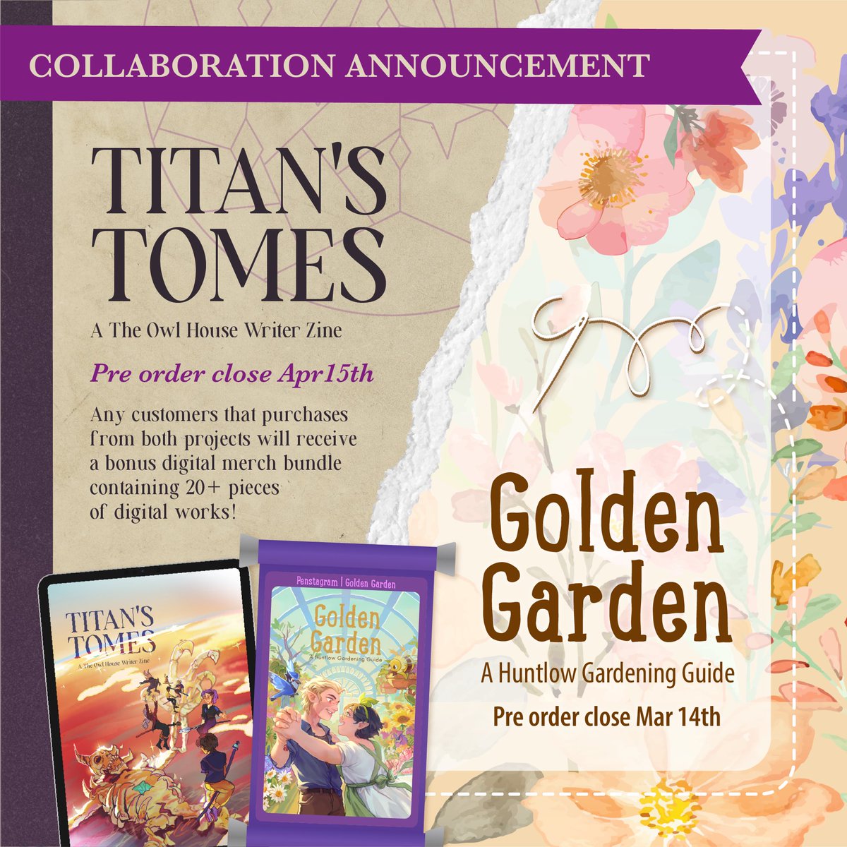 🔮💫 COLLABORATION ANNOUNCEMENT ✨🌻 

We’re proud to announce that we are doing a collab with Titan’s Tomes! Titan’s Tomes is a zine with a focus on appreciating our writers, providing enchanting tales beyond measure. But how do we collab together? #toh 🧵⬇️