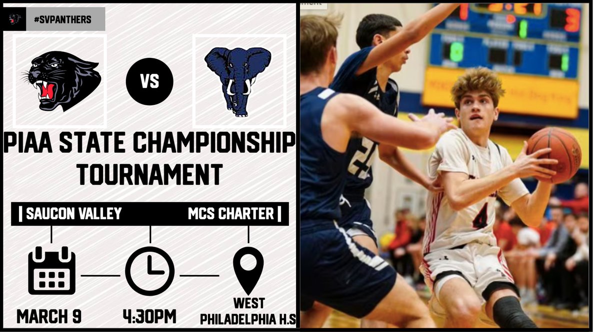 PIAA AAA Boys Basketball Championship Tournament. It will be Saucon Valley vs MCS Charter. Saturday 3/9 4:30pm at West Philadelphia High School. Tickets are required for all ages for PIAA games. Tickets: piaa.org/sports/tickets… #SVPanthers