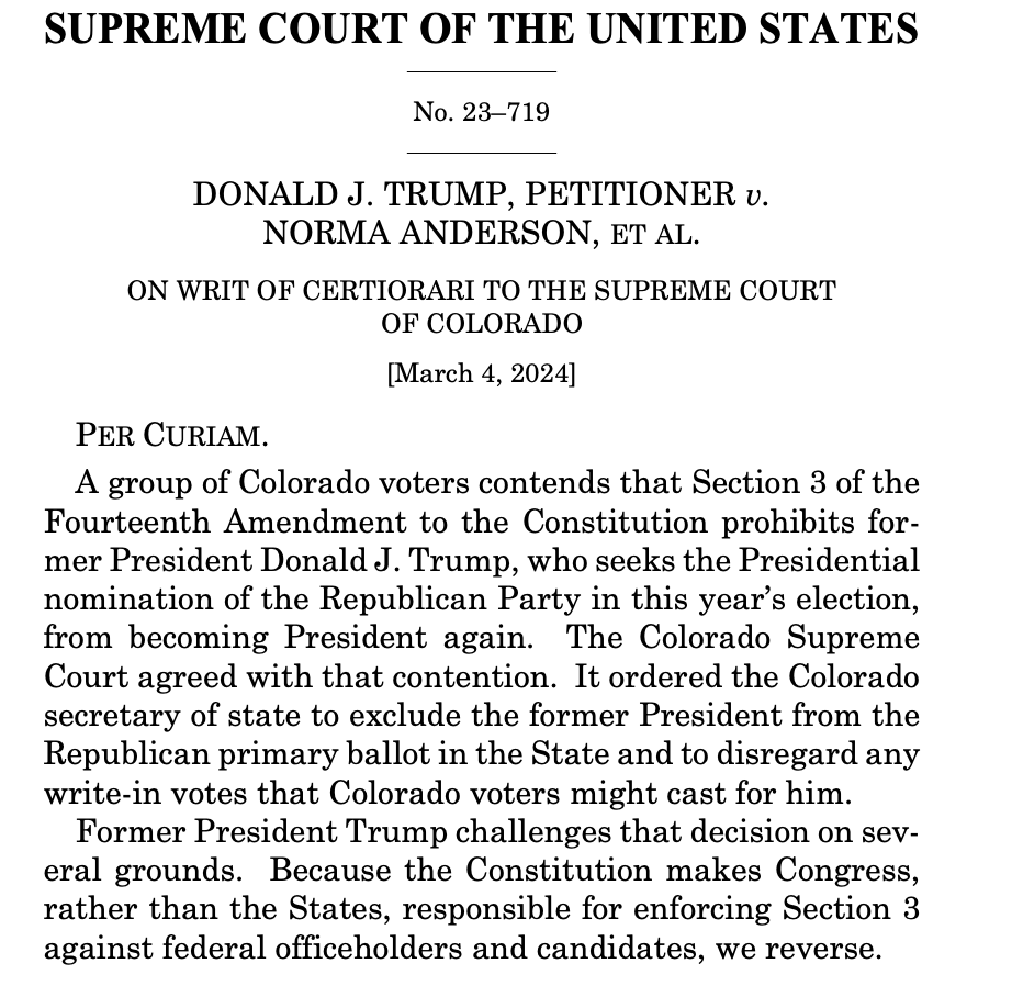 BREAKING: States may not unilaterally disqualify Donald Trump from the ballot, the Supreme Court rules unanimously.. Only Congress can decide. supremecourt.gov/opinions/23pdf…