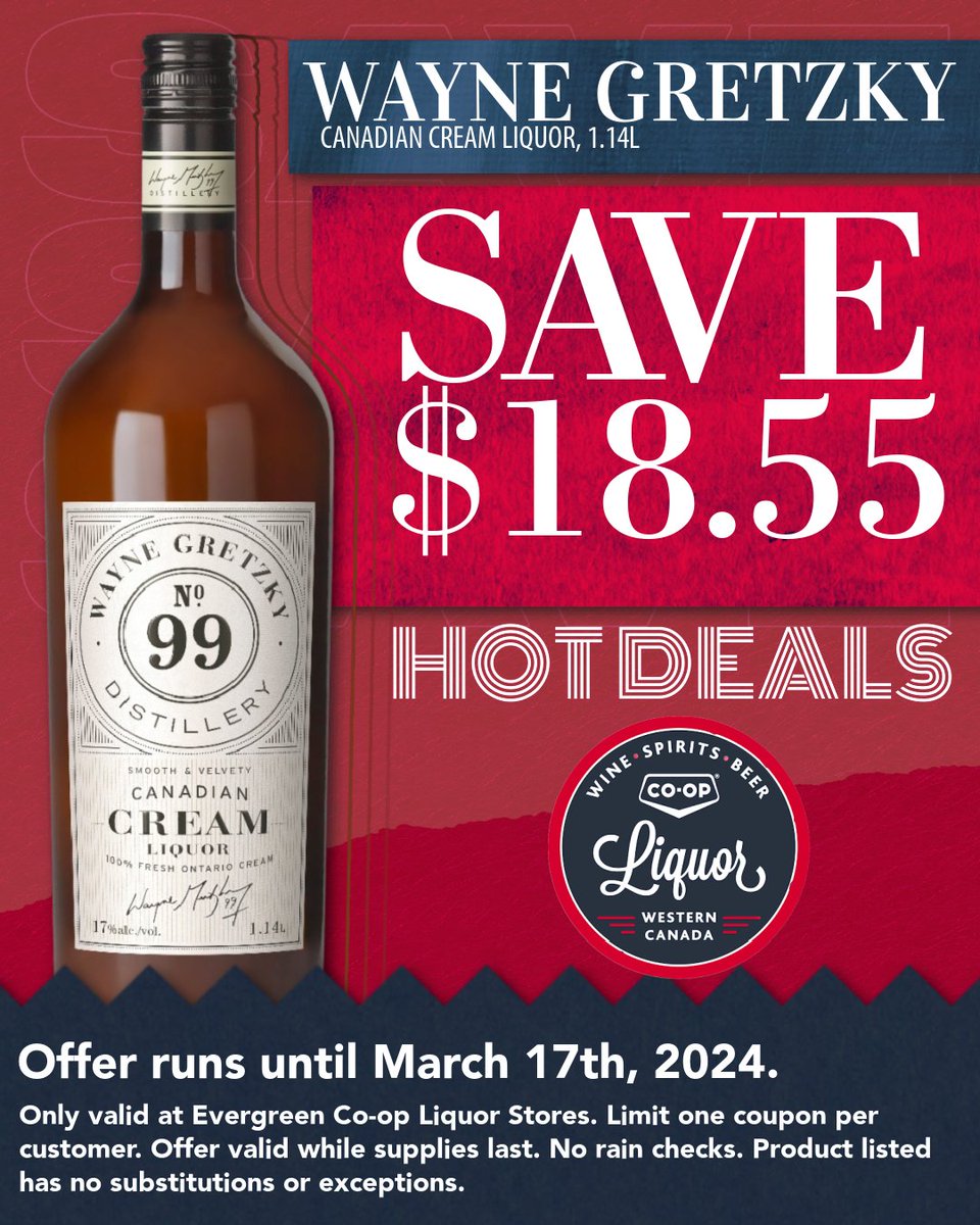 evergreenliquor's tweet image. Coming in hot with this week's HOT DEAL! 🏒🔥

Show this coupon to one of our awesome liquor crew and you can save $18.55 on a 1.14L bottle of Wayne Gretzky's Canadian Cream Liquor!

*Coupon valid until March 17th, 2024.

#evergreencoopliquor
#hotdeals
#onlinecoupons