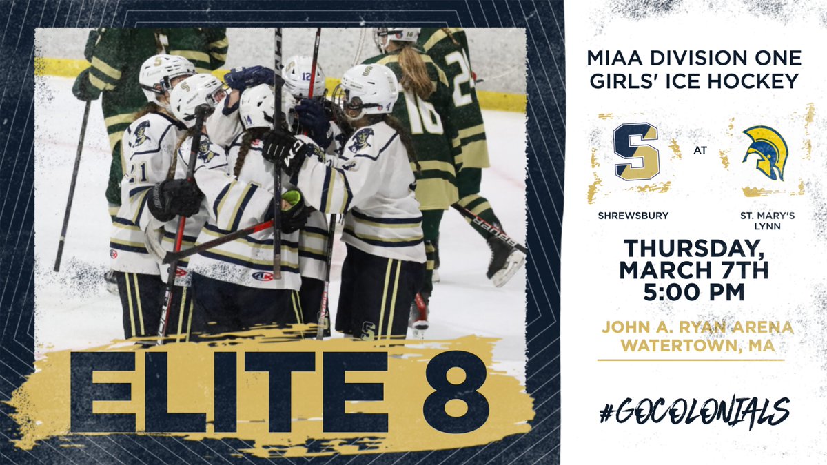 #7 Shrewsbury High travels to Watertown's John A. Ryan Arena on Thursday (3/7) at 5:00pm to take on #2 St. Mary's High School (Lynn) in the Elite 8 of the MIAA Division One Girls' Ice Hockey Championship. Tickets are available at the following link: gofan.co/event/14452