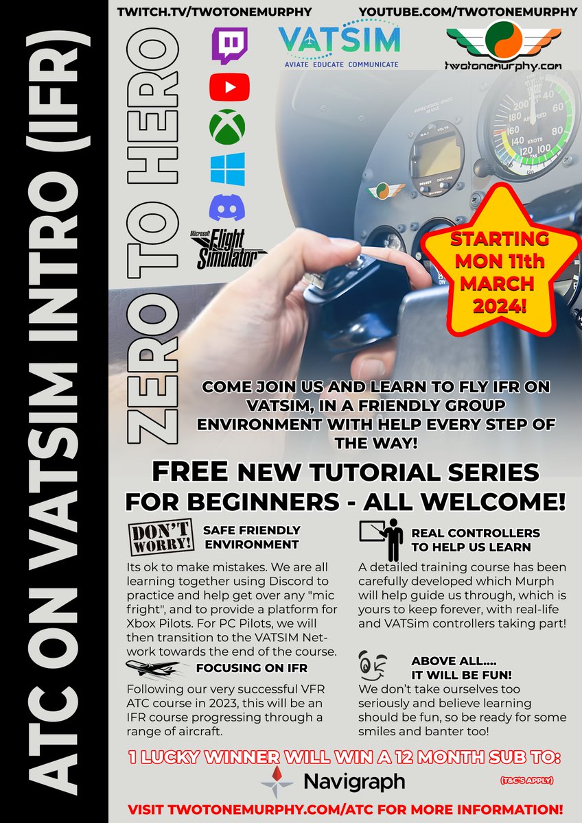 dtwotonemurphy's tweet image. Learn how to fly online with a brand new ATC course starting on March 11th. The focus is IFR procedures.  With a special network and discord voice channels, this is open to Xbox and PC pilots! For more see twotonemurphy.com/atc

#msfs2020 #flightsimulation #atc #xbox #learn…