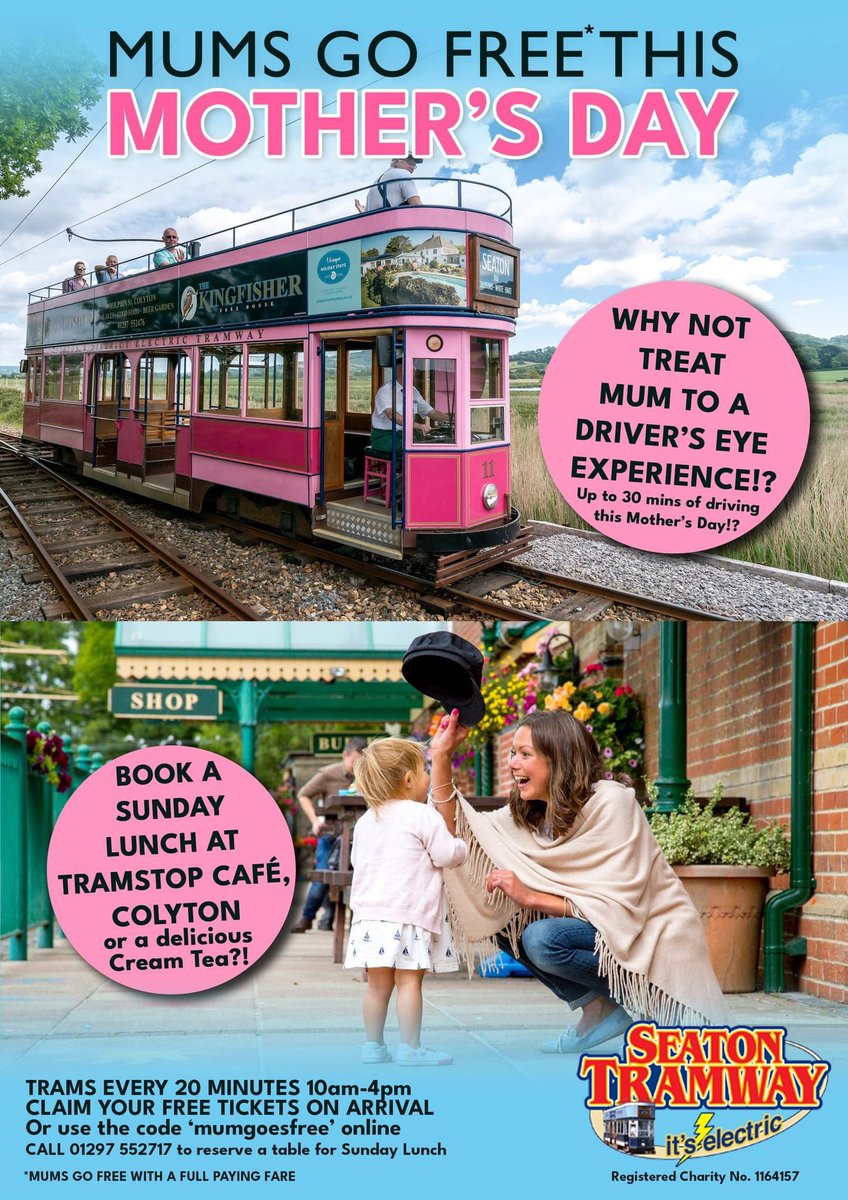 We are offering a fantastic day out for everyone this Mothers's Day as mum travels FREE with an accompanying paying child on our standard service. Get your free ticket at Seaton or Colyton Station or use the code 'mumgoesfree' online. tram.co.uk