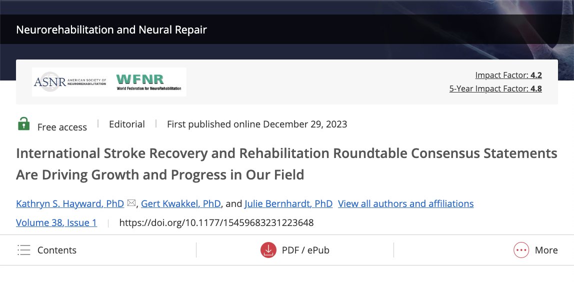 The International #Stroke Recovery and #Rehabilitation Roundtables (SRRR) have brought together experts to provide consensus recommendations to improve research &amp; clinical outcomes. Learn more about the SRRR's impacts &amp; future goals in this article in NNR. journals.sagepub.com/doi/full/10.11…