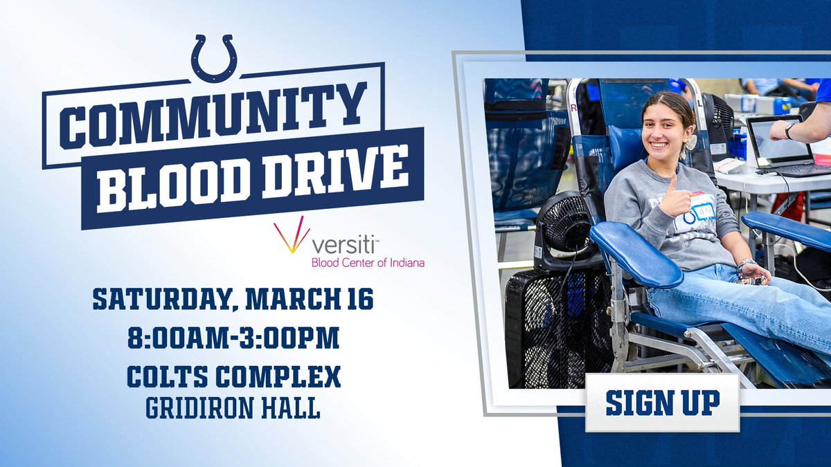 Prove you bleed blue! Donate with @indianablood at the Colts Community Blood Drive on March 15th in Gridiron Hall at the Colts Complex!🩸💙 🔗: bitly.versiti.org/47zl9Xw