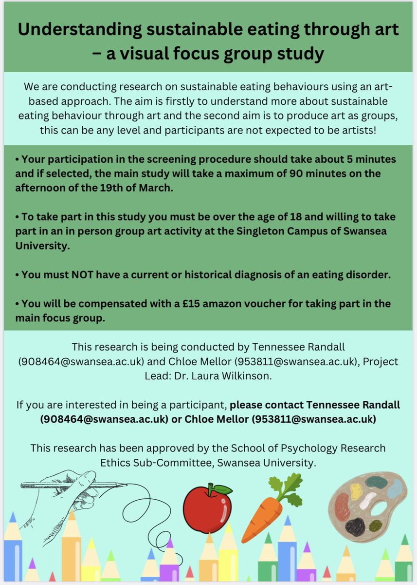 Visual Focus Group at Swansea 19th March - Understanding sustainable eating through art. Please contact Tennessee Randall (908464@swansea.ac.uk) or Chloe Mellor (953811@swansea.ac.uk) if interested. Please share in the Swansea area.