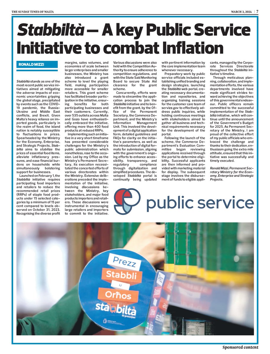 Stabbiltà – A key Public Service Initiative to combat Inflation Read here the latest article by the Public Service 👇 @TheTimesofMalta│@Ekonomija_MT