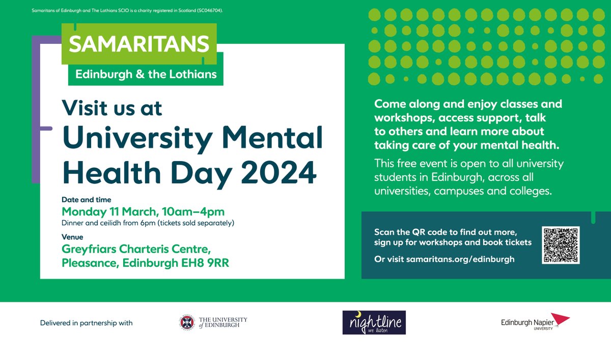 Join ENSA at University Mental Health Day on Monday, March 11, from 10am to 4pm. Come along for a day of workshops, classes, and engaging activities to promote good mental health among our student community. 

🔗 Learn more at samaritans.org/edinburgh

#NapierStudents #EdNapier