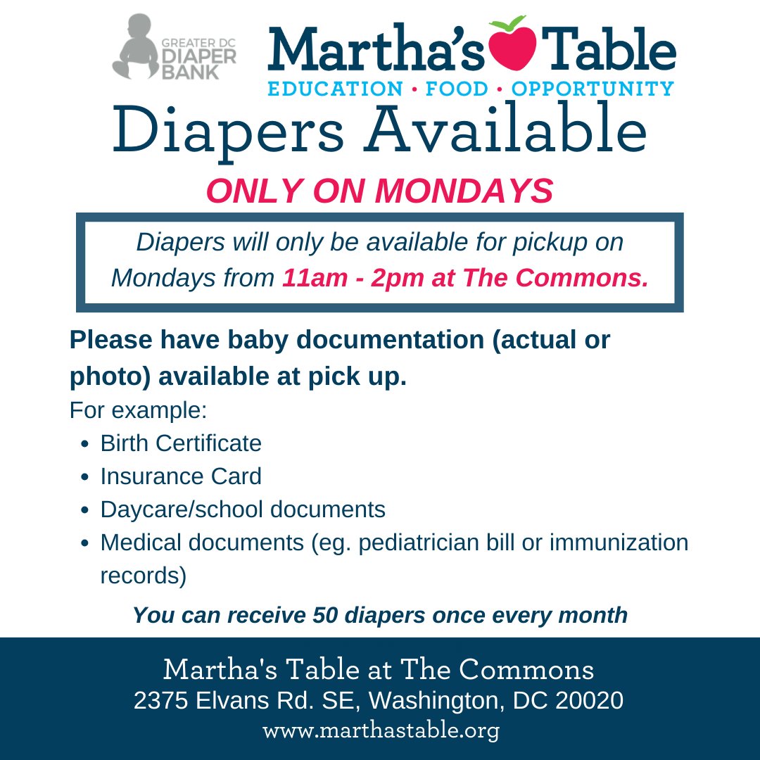 MarthasTableorg's tweet photo. Diapers are available today from 11am to 2pm at the Commons. Be sure to share with your friends and family. 
.
Have a great week Martha's Table fam!🍎 

#diaperbank #resources #dc https://t.co/8TBaxzatdp