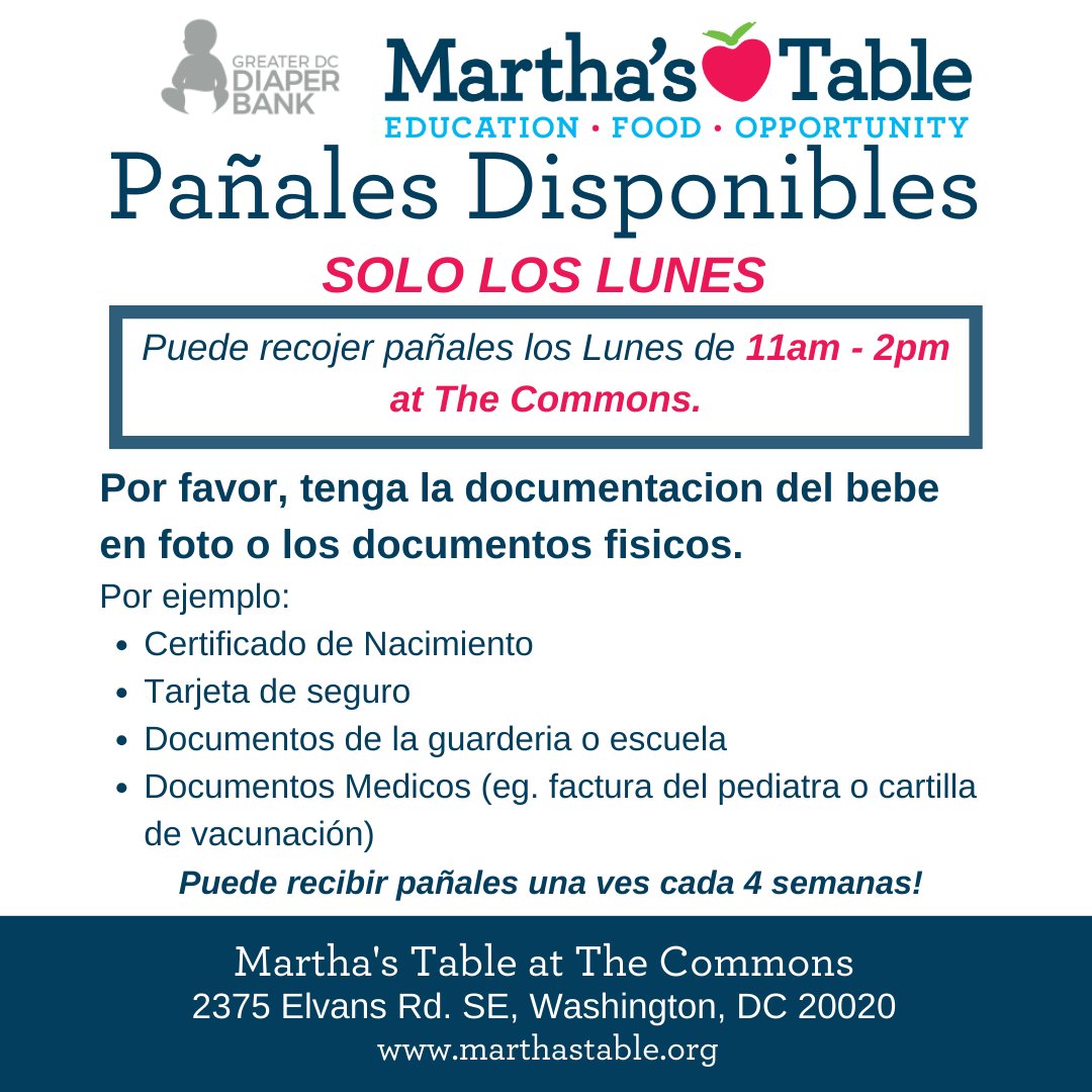 Diapers are available today from 11am to 2pm at the Commons. Be sure to share with your friends and family. . Have a great week Martha's Table fam!🍎 #diaperbank #resources #dc