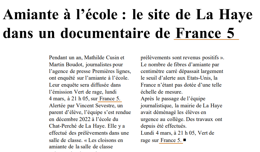 #LesMediasEnParlent #France5 Vert de Rage : #amiante, nos écoles malades Une enquête @MathildeCUSIN @MartinBoudot sur l'amiante encore présente dans certaines écoles. @le_Parisien @OuestFrance @laprovence @lestrepublicain ▶️Ce soir à 21.05 | France 5 & france.tv