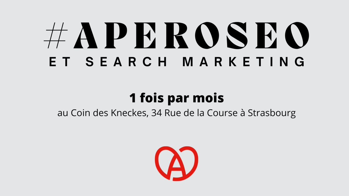 C’est aujourd’hui, notre #AperoSEO renommé en afterwork du #SearchMarketing à #Strasbourg !!
🍸 Au Coin des Kneckes, 34 Rue de la Course à coté de la Gare
à 18h 

🥇Inscrit.e fait ranker TOP 1 framadate.org/QJfgRLtxcoBJYJ…
📆 RT fais ranker Position 0
❤️Like, fait juste plaisir ! merci…