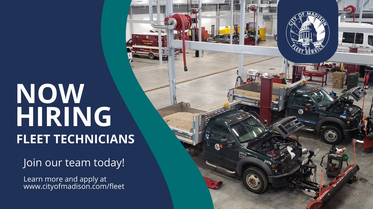 We’re looking to fill two Fleet technician openings! Our technicians are trained on a wide variety of equipment and enjoy a variety of benefits including a monthly tool allowance, safety shoe allowance, and generous paid time off. Apply today! cityofmadison.com/fleet