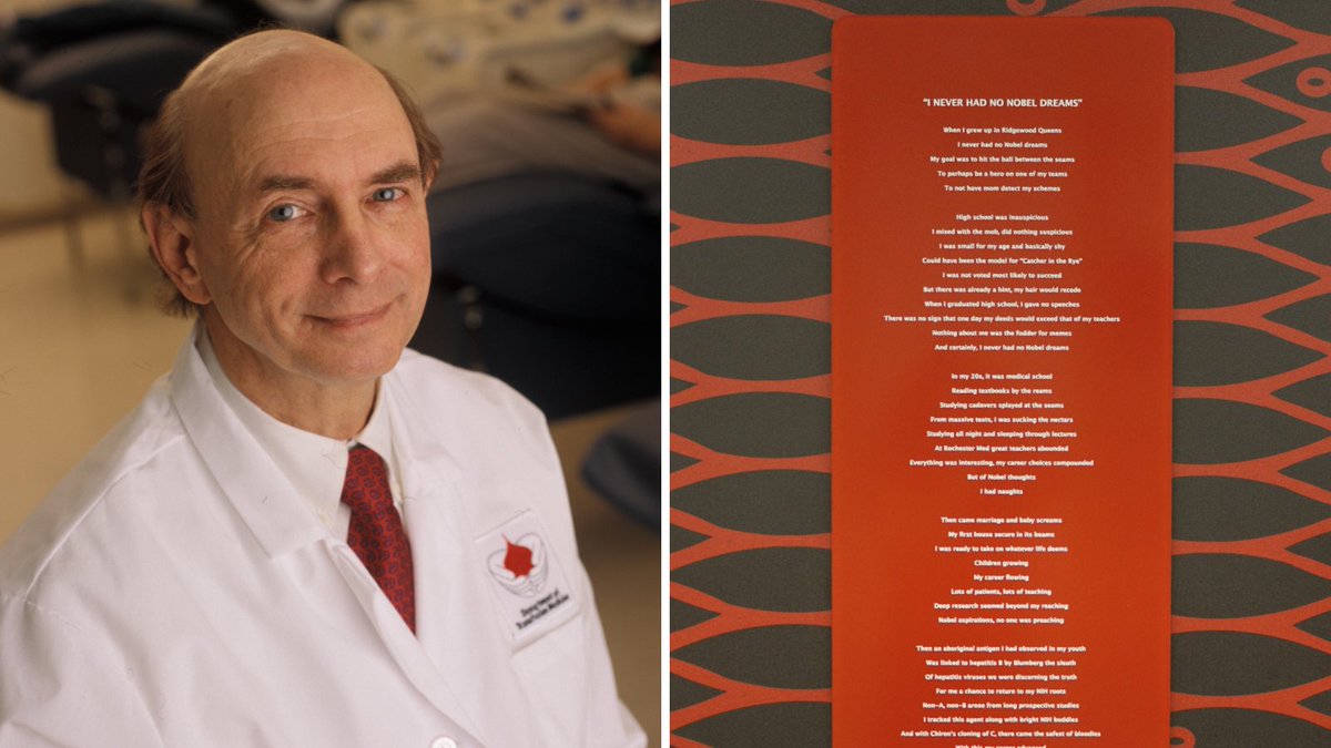Nobel Prize winner Dr. Harvey Alter may be best known for hepatitis C or transfusion safety but, this #WorldPoetryDay, we’re celebrating his artistic side. Alter is a skilled poet and his piece “I Never Had No Nobel Dreams” is featured in our new @NIHClinicalCntr exhibit.
