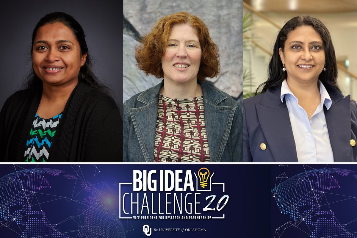 Congratulations to the 3 research teams who received funding through the Big Idea Challenge 2.0! The #OUResearch teams, led by Rakhi Rajan, Kathy Pegion & Marmar Moussa, are focused on solving major worldwide challenges! Learn more about these projects ➡️ ou.edu/research-norma…