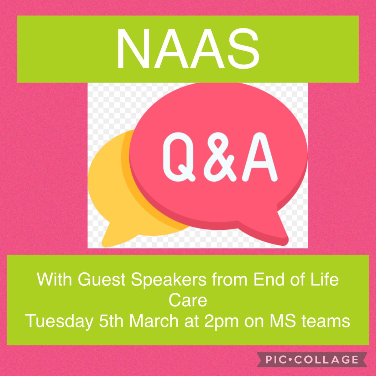 🚨 Tomorrow is time for the the monthly NAAS Q&amp;A where we will be focusing on the End of Life Care standard and joined by the End of Life Care Team who will answer any of your questions 🚨 see you all tomorrow virtually on MS teams 🤩 <a href="/hcarterrje/">helen carter</a> <a href="/NCAlliance_NHS/">Northern Care Alliance NHS Foundation Trust (NCA)</a>
