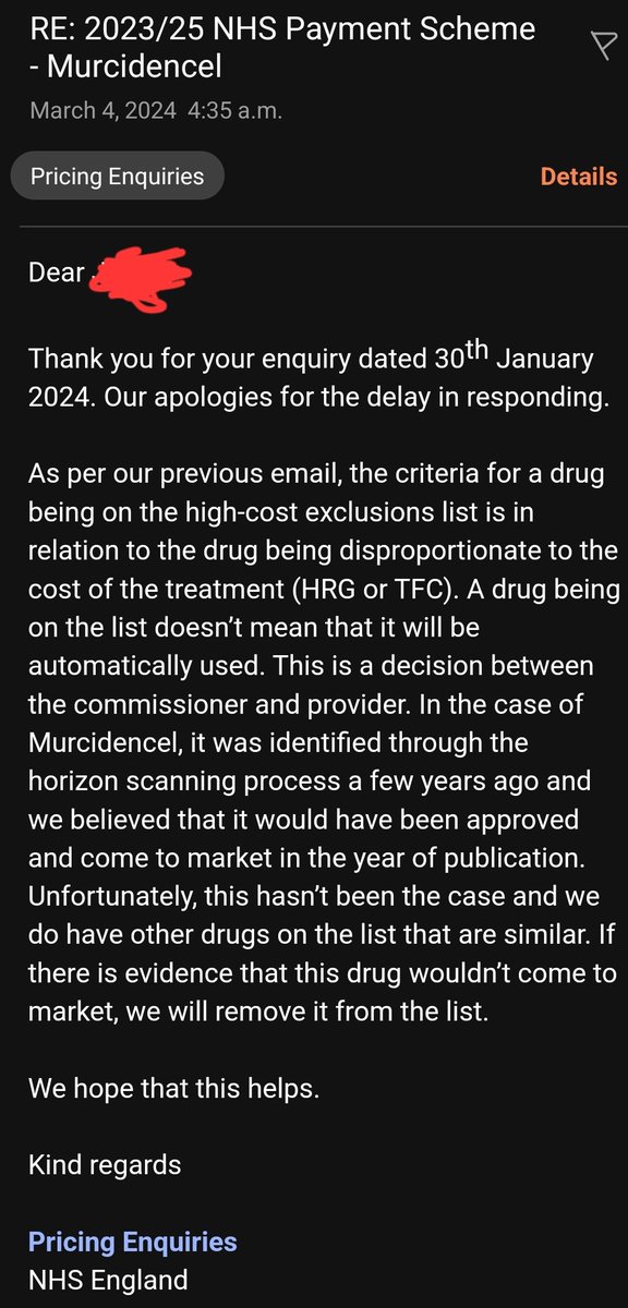$NWBO email from NHS re. Murcidencel

'It was identified through the horizon scanning process a few years ago and we believed that it would have been approved and come to market'. 

'If there is evidence that this drug wouldn’t come to market, we will remove it from the list'.