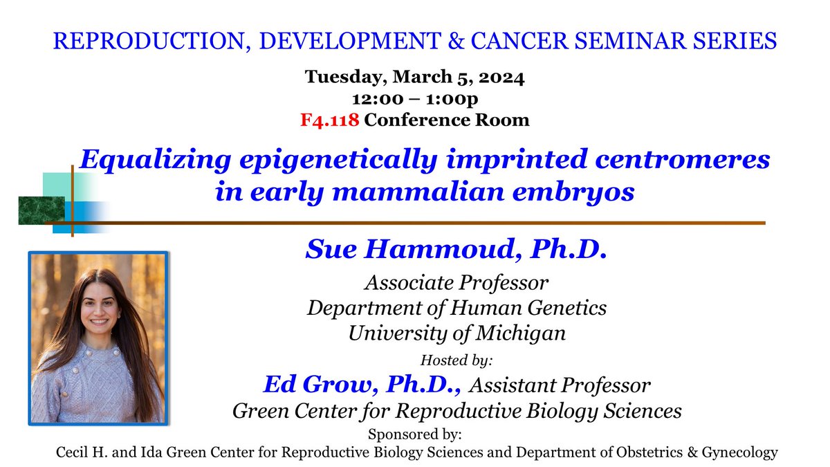 Join us tomorrow with @UTSW_ObGyn at noon in F4.118 for our next Reproduction, Development & Cancer seminar: @suehammoud1 from @UM_Genetics will present her research on 'Equalizing epigenetically imprinted centromeres in early mammalian embryos'