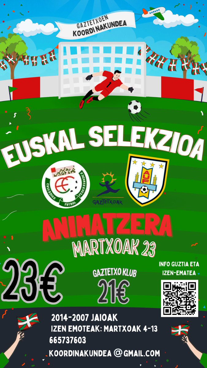 ⚽️ Gaztetxoen Koordinakundea 𝗘𝘂𝘀𝗸𝗮𝗹 𝗦𝗲𝗹𝗲𝗸𝘇𝗶𝗼𝗮𝗿𝗲𝗻 𝗽𝗮𝗿𝘁𝗶𝗱𝗮 ikustera joango da

📅 Etor zaitez gurekin martxoaren 23an gure selekzioa animatzera!

🔗 Informazio guztia eta izen emoteak: gaztetxoak.eus

#Gaztetxoak #Koordinakundea #EuskalSelekzioa