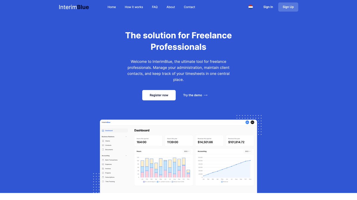 neverything's tweet photo. π°βοΈβ±οΈ InterimBlue, a tool for freelancers to manage your administration, contacts and timesheets. Yet another cool Laravel Livewire project on #WireInTheWild. https://t.co/frOmA5djjE