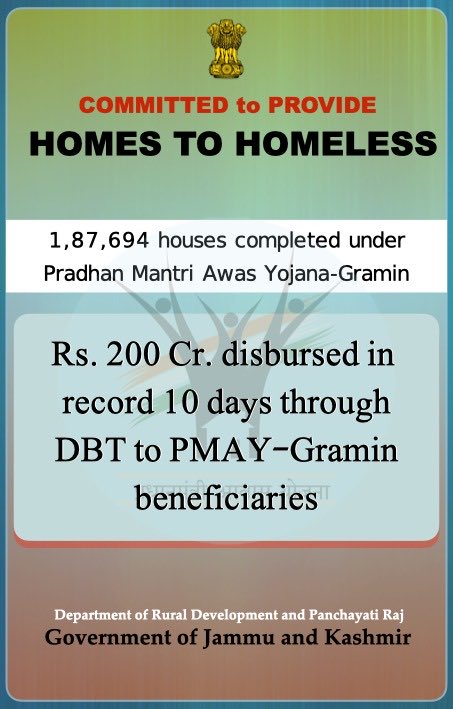 Rs. 200 Cr. disbursed in record time of 10 days through #DBT to #PMAY -Gramin beneficiaries,accelerating #ruralhousing initiatives #RuralDevelopment
@⁩PMOIndia @HMOIndia ⁦@OfficeOfLGJandK⁩ ⁦@mopr_goi⁩ @MoRD_GoI @listenshahid @diprjk  
@Divcomjammu
@DivComKash @ANI