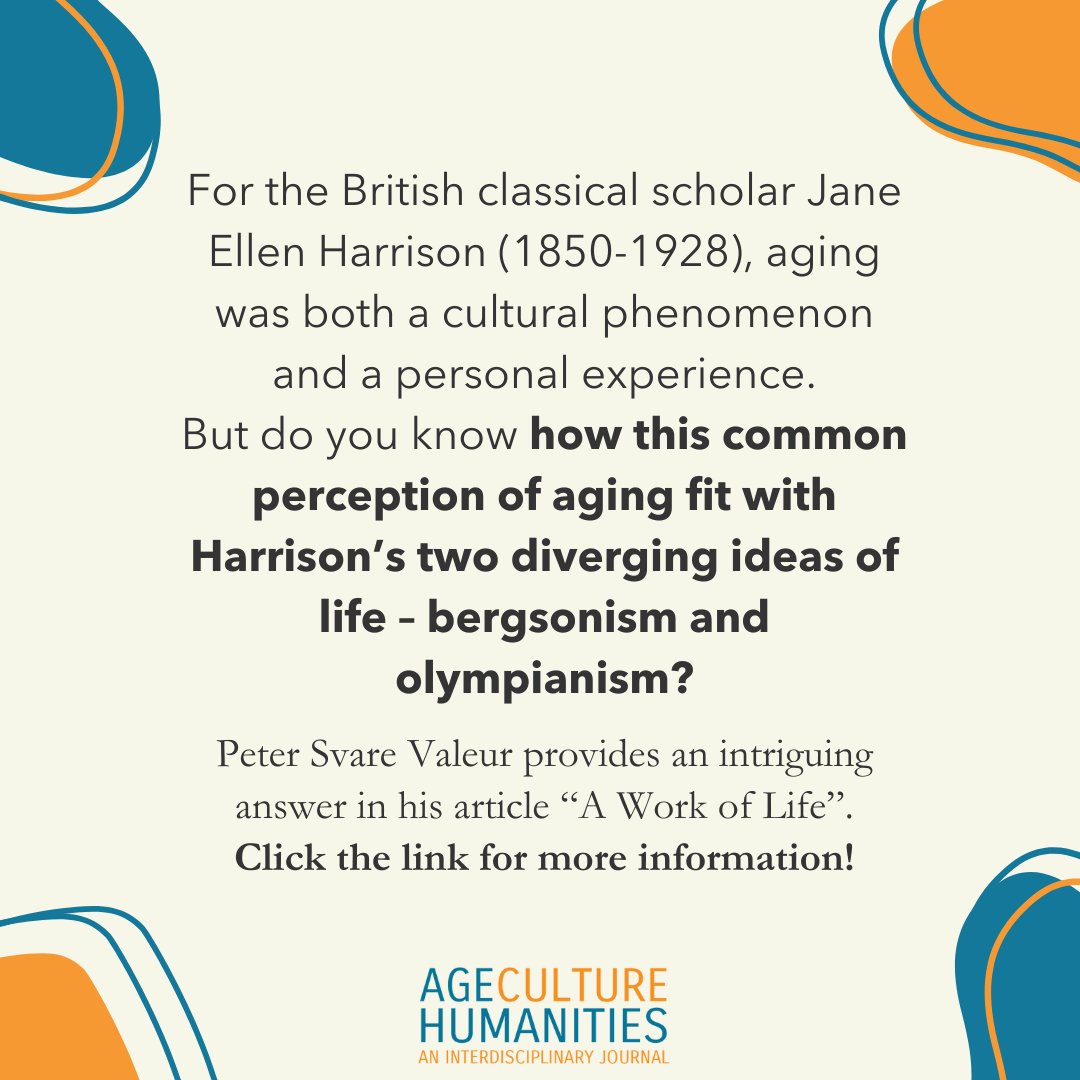 Don't miss this @AgeCultureHum Special Issue article!

Peter Svare Valeur discusses Jane Harrison's thoughts on aging in his article entitled “A Work of Life”.

Read here: tidsskrift.dk/ageculturehuma…

#age #aging #agingstudies #ageculturehumanities #interdisciplinary #janeharrison