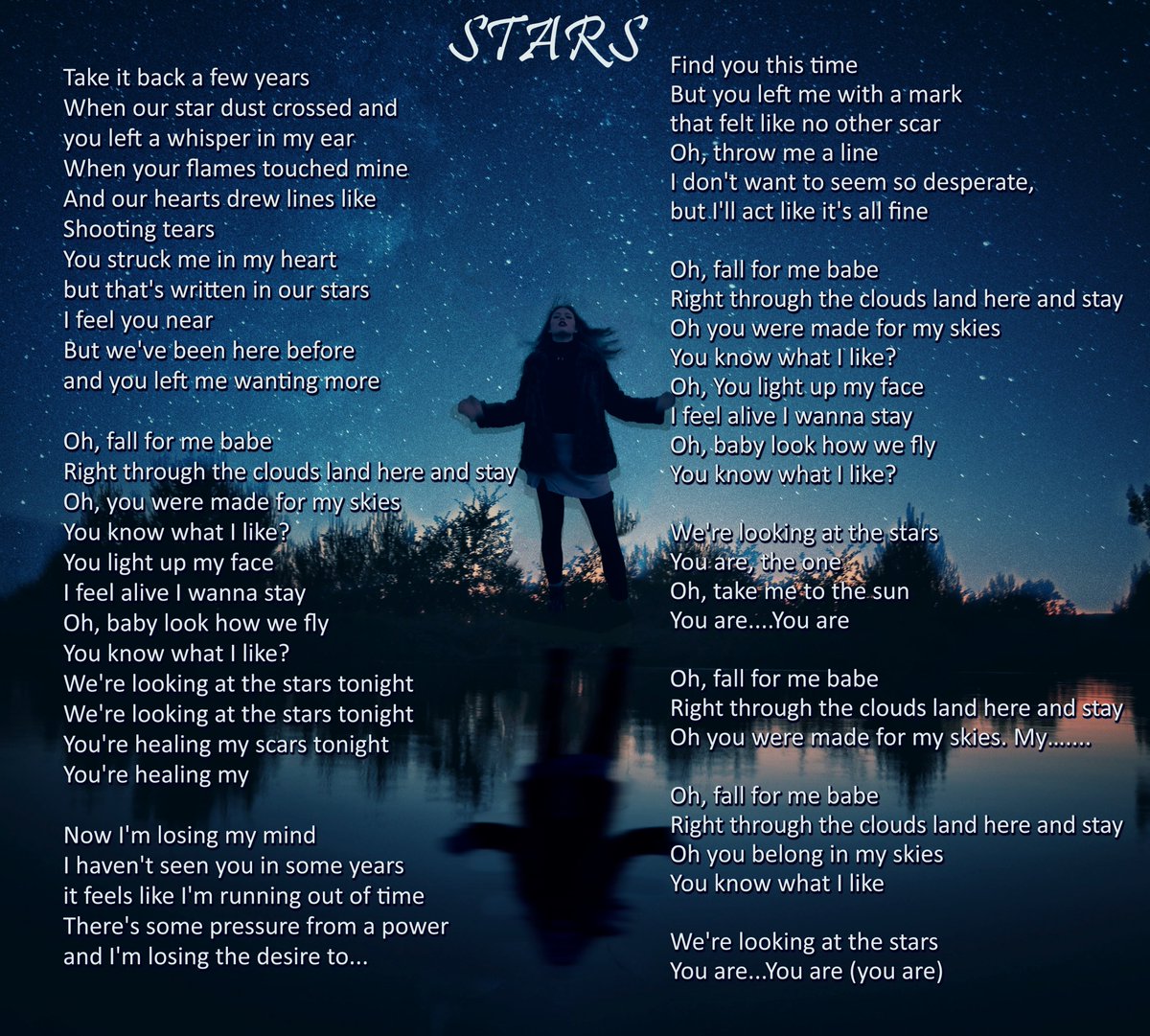 “Shoot for the moon. Even if you miss, you'll land among the Stars” [Peale] A quote I've thought a lot about recently. When I wrote 'Stars', I wasn't really thinking of what it could be, this song is about a feeling so right that your entire being is enhanced by that other person