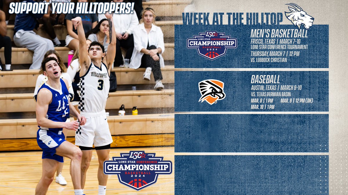 🐐 | This #WeekAtTheHilltop, @SEUMBasketball is in the @LoneStarConf Tournament and @SEUBaseball hosts Texas Permian Basin. #FearTheGoat 🏀⚾️ gohilltoppers.com/calendar