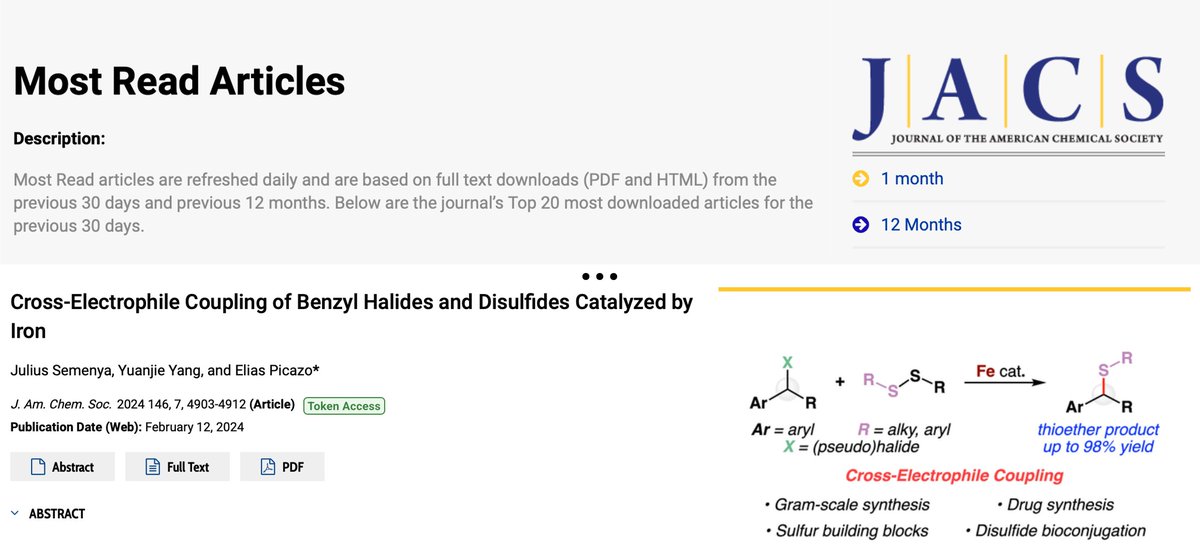 Awesome! Our iron-catalyzed cross-electrophile coupling in @J_A_C_S is a Most Read Article. It is now also Open Access. Check it out here, pubs.acs.org/doi/10.1021/ja…