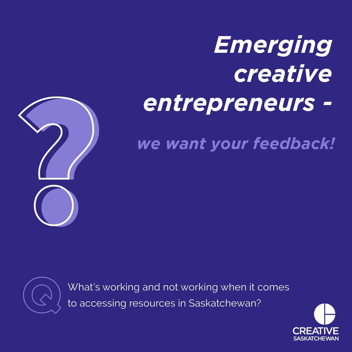 📢We're conducting a survey to help us explore initiatives to support emerging creative entrepreneurs! 
 buff.ly/49zCiSV 
🎭🎬🎵If you’re an emerging creative entrepreneur, consider taking a few minutes to share your input.
Open until April 12, 2024 at 4 PM SK time.