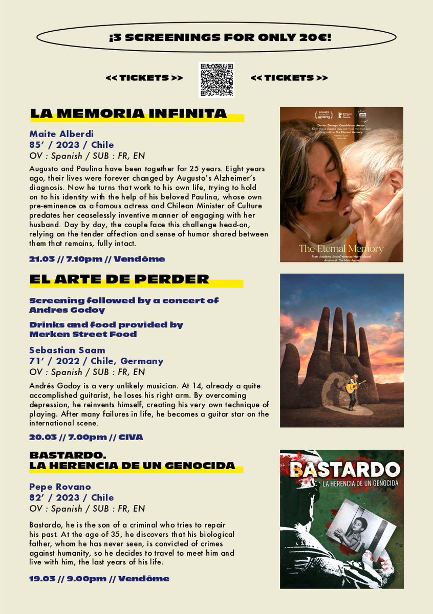 EmbChileBelgica's tweet image. Entre el 15 y el 22 de marzo tendrá lugar en Bruselas el Festival de Documentales @MilleniumFest, que este año tendrá un foco especial en Chile, con las películas "La Memoria Infinita", "El Arte de Perder" y "Bastardo. La herencia de un genocida".

👉festivalmillenium.org